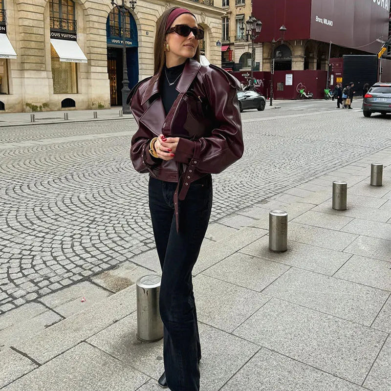 Loose Lapel Leather Jacket Fashion Cropped Tops Streetwear For Womens Clothing - Bellarte Enchanté Loose Lapel Leather Jacket Fashion Cropped Tops Streetwear For Womens Clothing